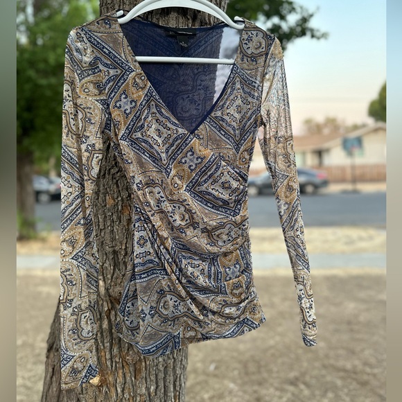 INC International Concepts Tops - INC International Concepts Blue and Tan Paisley V-Neck Top